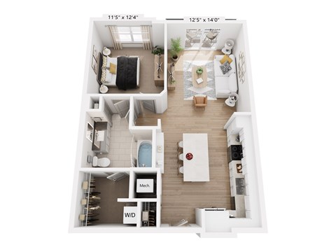 Floor plan for 1 bed, 1 bath, 724 sqft